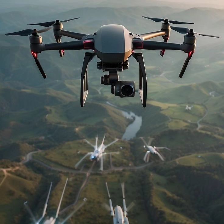 an aerial view of several wind turbines in the background, with a camera attached to one of the propellers