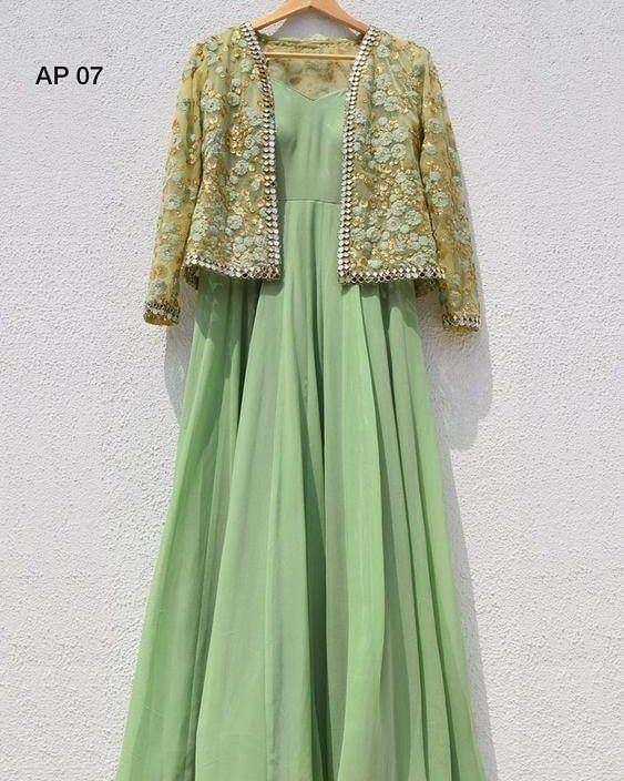 Sage Green Anarkali, Anarkali Georgette, Georgette Jacket, Green Anarkali, Georgette Gown, Long Dress Design, Salwar Kamiz, Indian Gowns Dresses, Party Kleidung