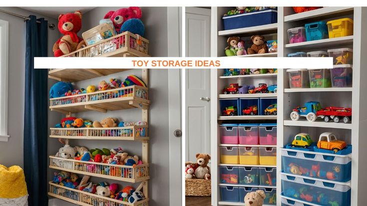 toy storage shelves with bins and toys in them