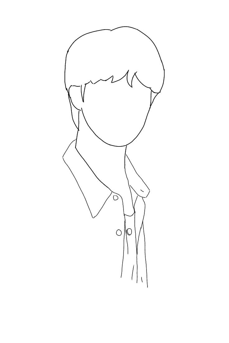 a black and white line drawing of a man's face with short hair wearing a jacket