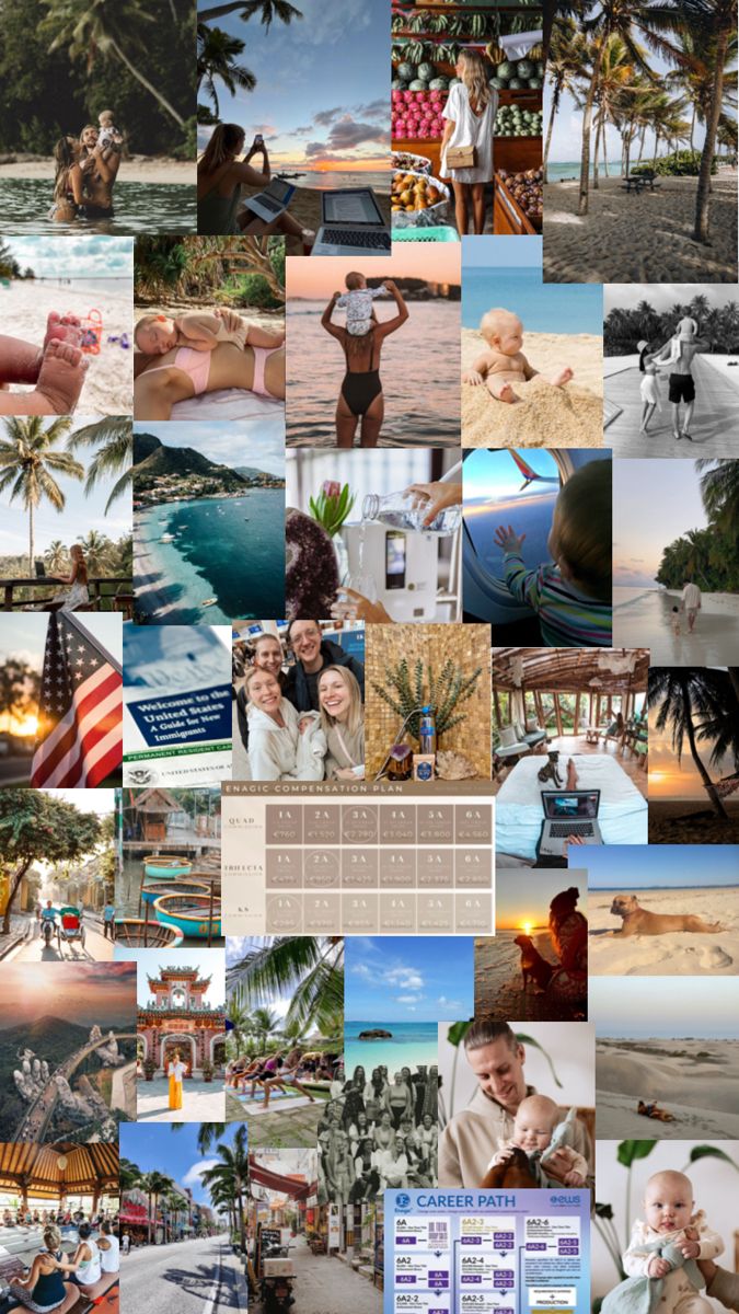 a collage of many different pictures with people and animals on them, including palm trees