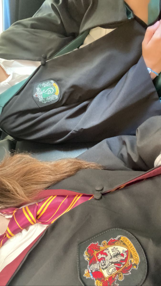 a dog laying on top of a harry potter book bag next to a person holding a cell phone