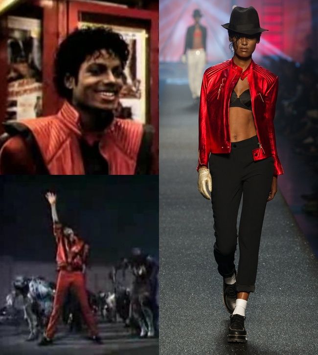 a woman in red jacket and black pants walking down a runway with other pictures behind her