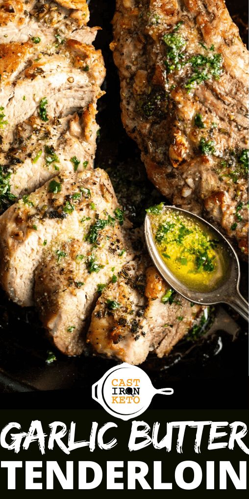 grilled pork chops in a skillet with garlic butter and green herbs