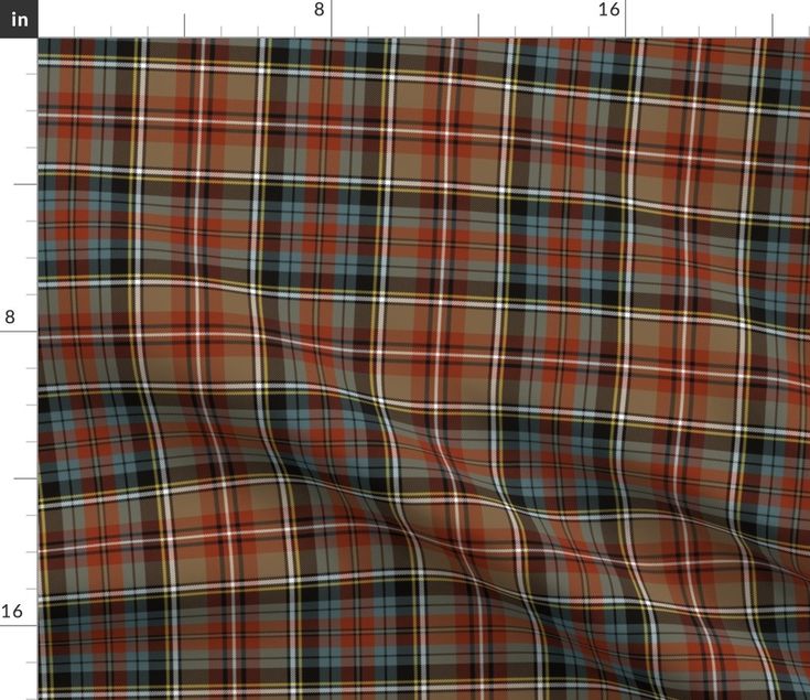 a brown and blue plaid fabric on a white background, with measurements for the width