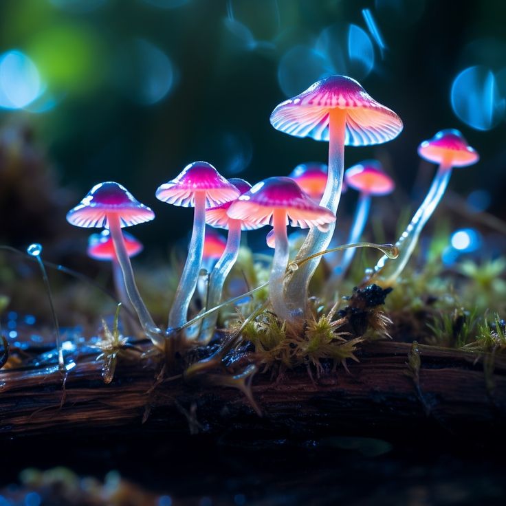 small mushrooms growing out of the moss on a tree stump in the forest at night