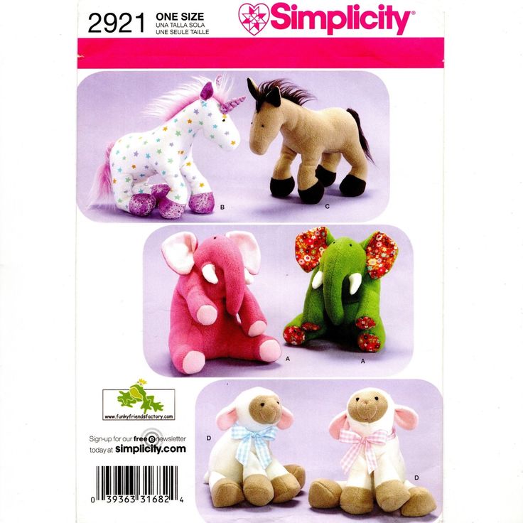 sewing pattern for stuffed animals including an elephant, giraffe, and horse in three different styles