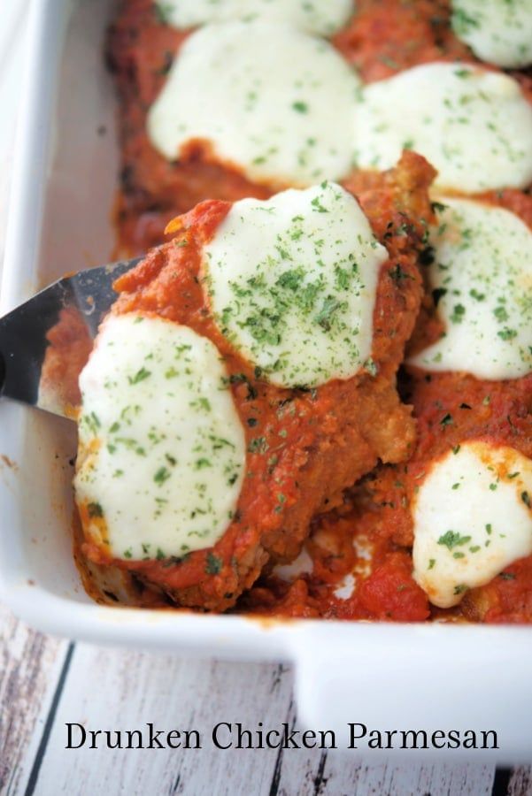 chicken parmesan in a white casserole dish