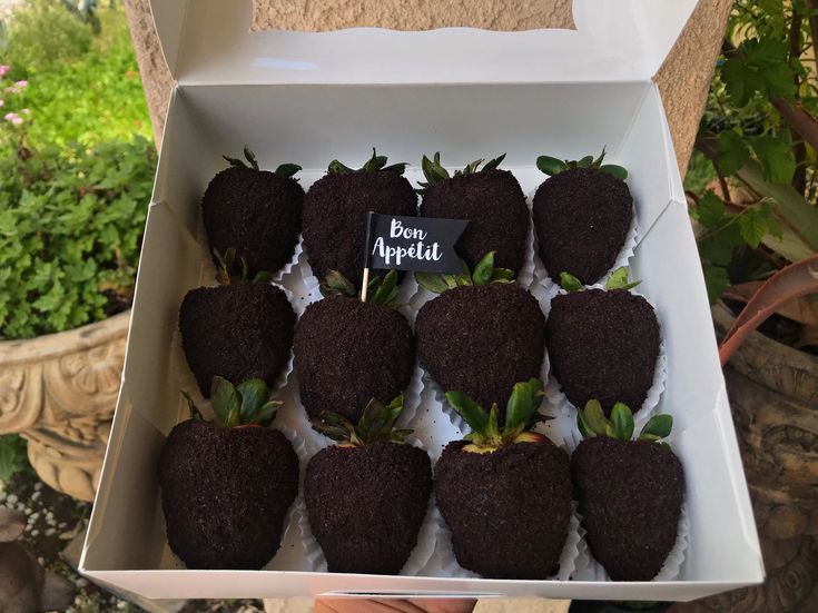 a box filled with chocolate covered strawberries sitting on top of a table next to plants