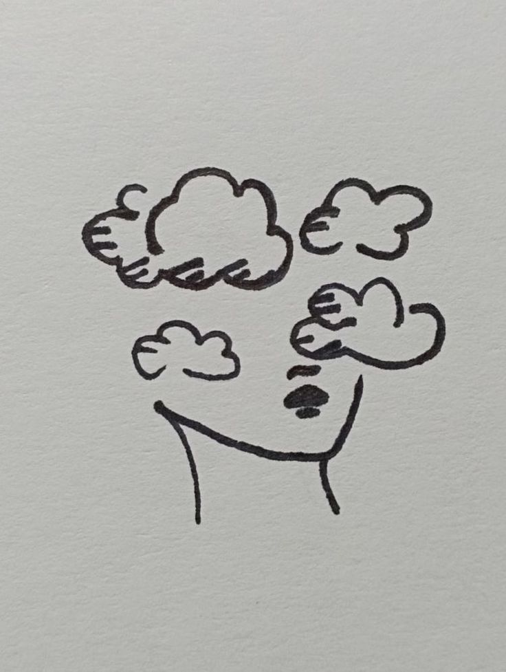 a drawing of a man with clouds above his head