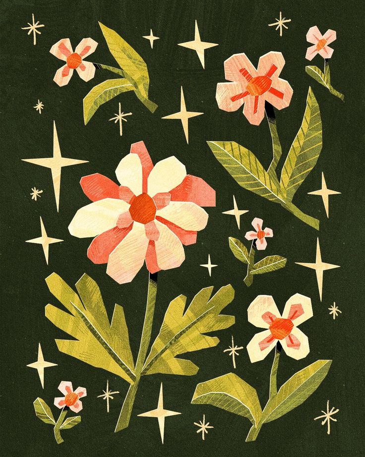 an illustration of flowers and stars on a black background with green leaves in the foreground