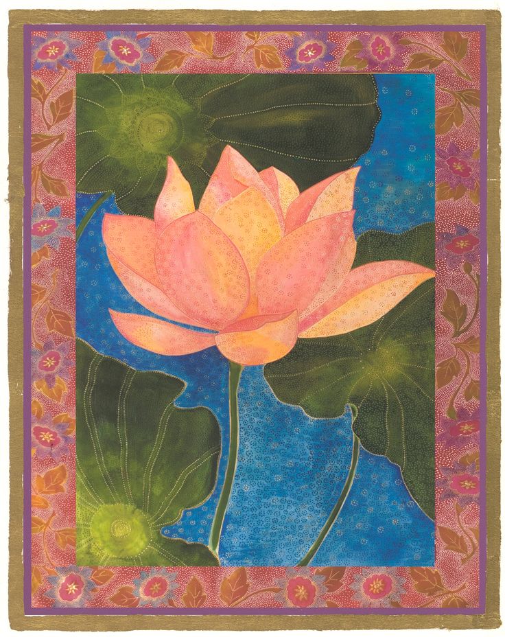 a painting of a pink lotus flower with green leaves