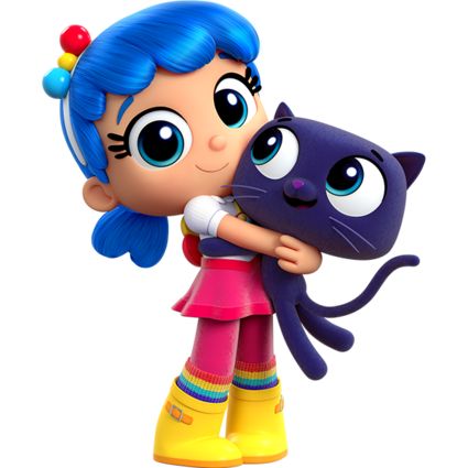 an image of a cartoon character hugging a cat with big eyes and blue hair on her head