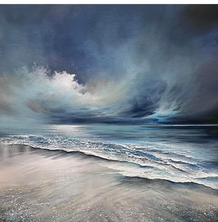 an oil painting of waves crashing on the beach with dark clouds in the sky above