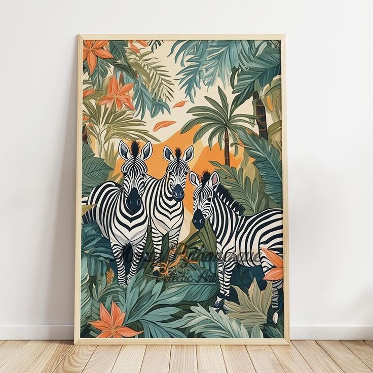 two zebras are standing in the jungle with palm trees and orange flowers on it