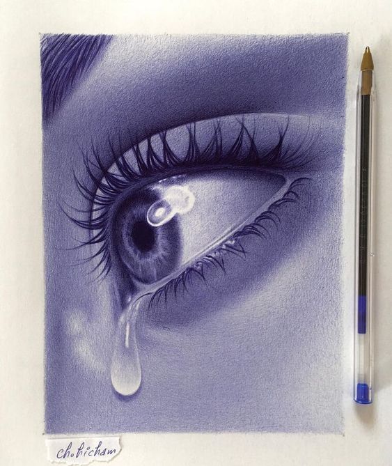 a drawing of an eye with long lashes and water drop on the iris's side