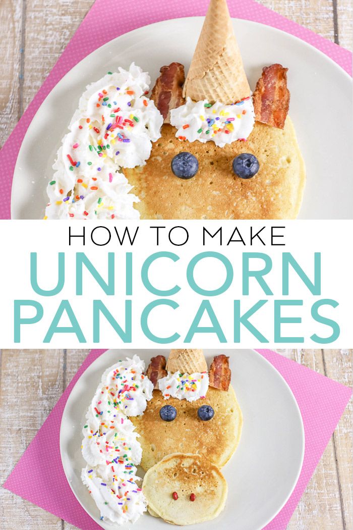 a plate with pancakes, bacon and ice cream in the shape of an unicorn's face