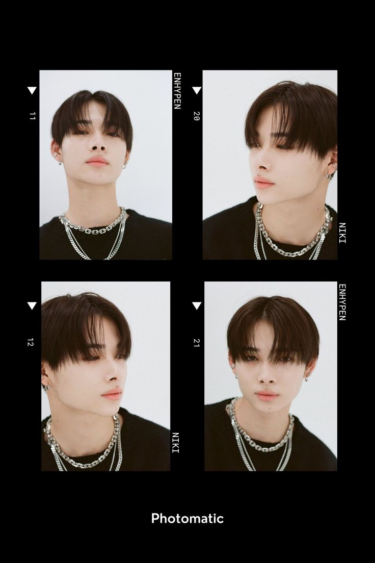 four different shots of a man with short hair and necklaces on his neck, looking at the camera