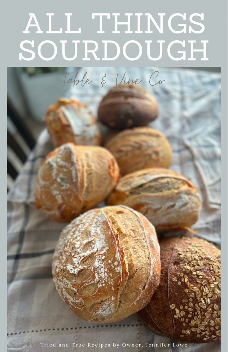 the cover of all things sourdough, featuring loaves and other breads