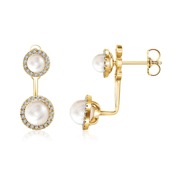 Made of solid 14k gold (not plated, not filled, not vermeil), these earrings are available in your choice of yellow, white, or rose gold Featuring genuine freshwater cultured pearls adorned with diamond halos, these drop earrings add a modern twist to a timeless style Transform your look from day to night with these convertible earrings - wear as studs for the day and add the jackets for night Meticulously crafted, these earrings are elegant with a innovative twist. Delivered in a beautiful gift box these earrings make the perfect for your nearest and dearest. Metal: 14K Solid Gold Diamonds: 0.20ctw (G color, VS clarity) Pearls: 4mm (top), 5.3mm (bottom) Length: 19.7mm (0.78 inches) Top Width: 6mm Bottom Width: 7.6mm (0.30 inches) Closure: Friction Back Sold as pair. This item typically sh Yellow Gold Pierced Pearl Earrings, Fine Jewelry, Fine Jewelry Yellow Gold Pierced Pearl Earrings, Pierced Yellow Gold Pearl Earrings Fine Jewelry, Elegant Pierced Cluster Earrings In 14k Gold, Elegant Pierced 14k Gold Cluster Earrings, Yellow Gold Pearl Earrings For Pierced Ears, Elegant 14k Gold Pierced Cluster Earrings, Elegant Yellow Gold Dangle Cluster Earrings, Elegant Yellow Gold Cluster Dangle Earrings