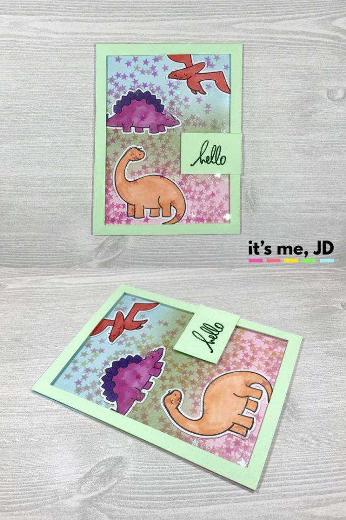 two cards with dinosaurs on them and the words hello, it's me