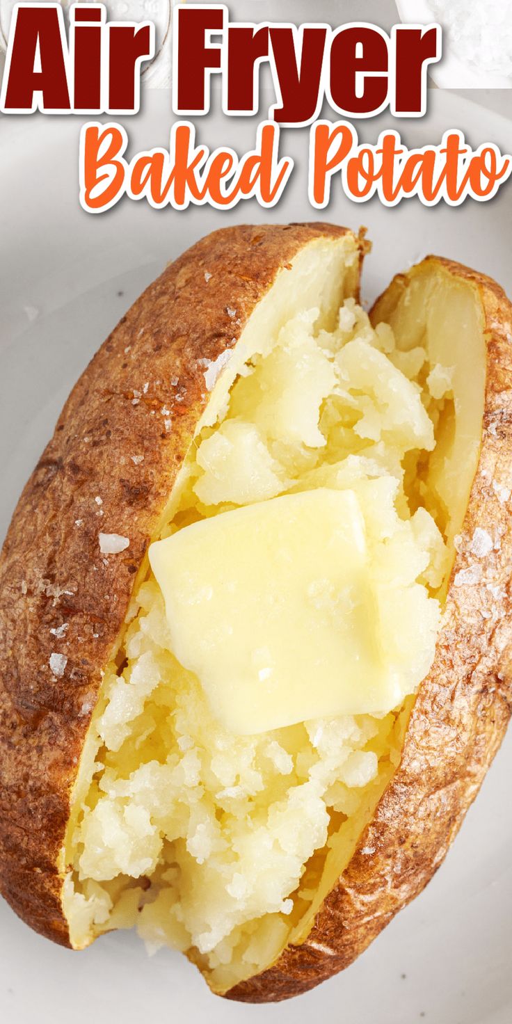 an air fryer baked potato on a white plate