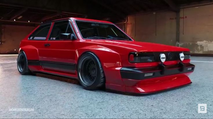 a red car is parked in a garage