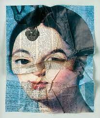 an altered photograph of a woman's face with newspaper pages and scissors on it