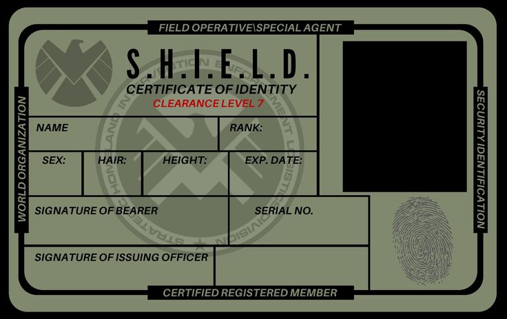 S.H.I.E.L.D. ID Military Style Shield Files Template, Military Id Card, Minecraft Room Decor, Marvel Shield, Character Sheet Template, Gfx Design, Vip Card, Marvel Cards, Id Card Template