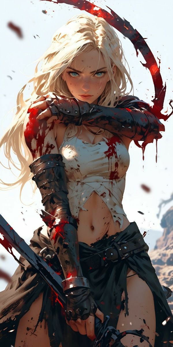 a woman dressed in white and black with blood on her body, holding two swords