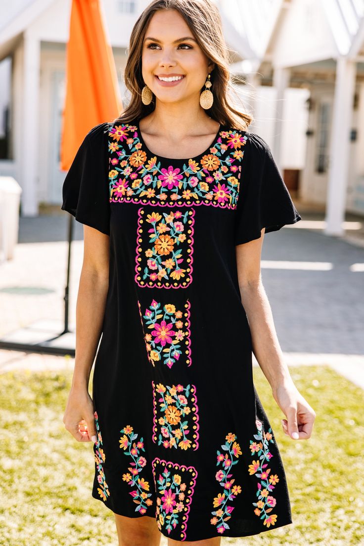 Happy To See You Black Embroidered Dress – Shop The Mint Black Dress With Embroidery, Classic Little Black Dress, Black Embroidered Dress, Cute Casual Dresses, Dress With Embroidery, Floral Cocktail Dress, Black Tie Dress, Long Sleeve Outerwear, Friend Outfits