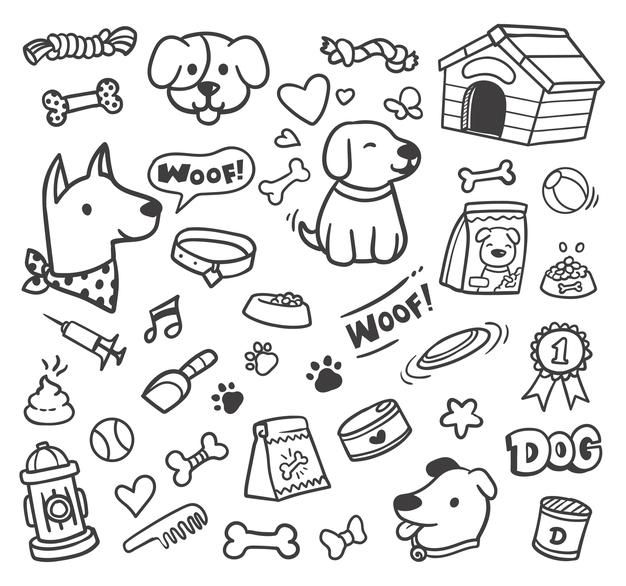 doodle dog and cat icons set in black and white stock photo - budget conscious