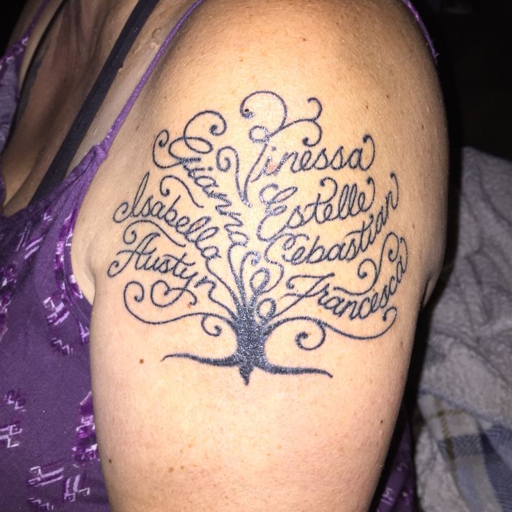 a woman with a tattoo on her arm that has words written all over the tree