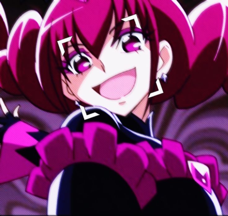 an anime character with pink hair and purple eyes smiling at the camera, while holding her arms out in front of her face