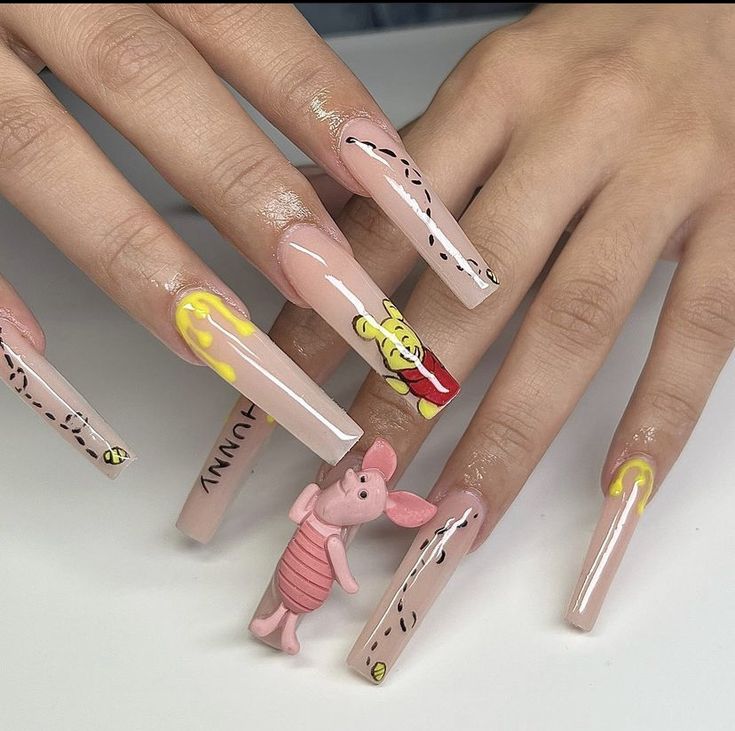 Winnie The Pooh Themed Nails, Winnie The Pooh Nails, Shower Nails, Cartoon Nail Designs, Baby Shower Nails, Winnie The Pooh Themes, Winnie The Pooh Baby Shower, Punk Nails, Nail Art Disney