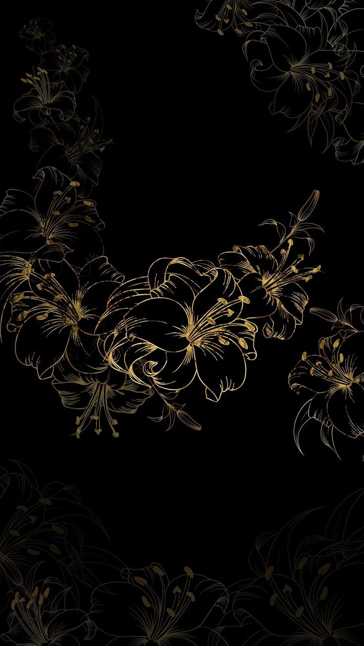 an abstract floral design with gold flowers on a black background, suitable to use as a backdrop or wallpaper