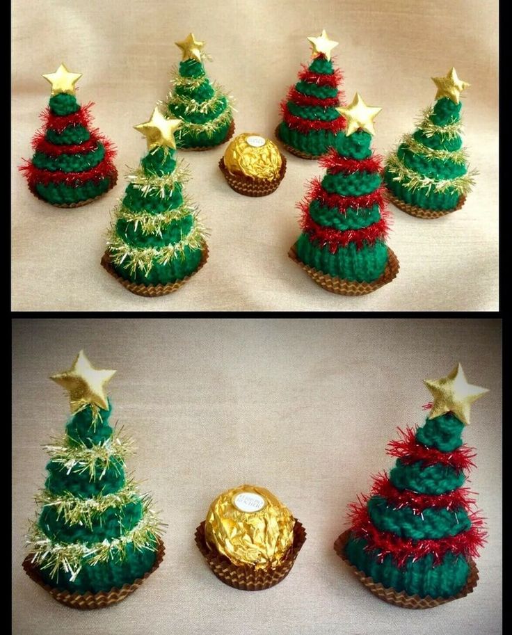 there are several small christmas trees made out of cupcakes and gold foil stars