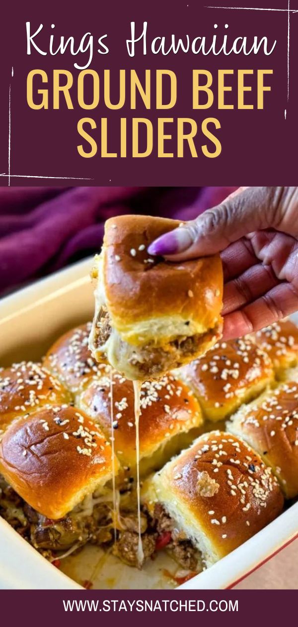 a person dipping cheese on top of some bread sliders in a pan with the text king's hawaiian ground beef sliders