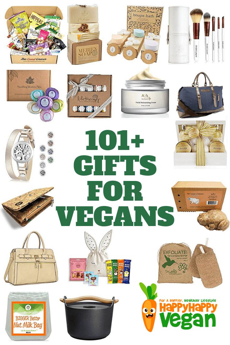 the words 101 gifts for vegans are in green and white letters with images of food,