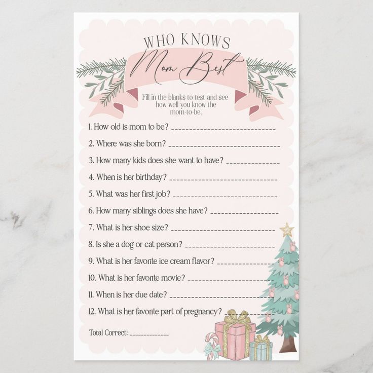 a pink and green christmas themed question card with the words who knows me but?