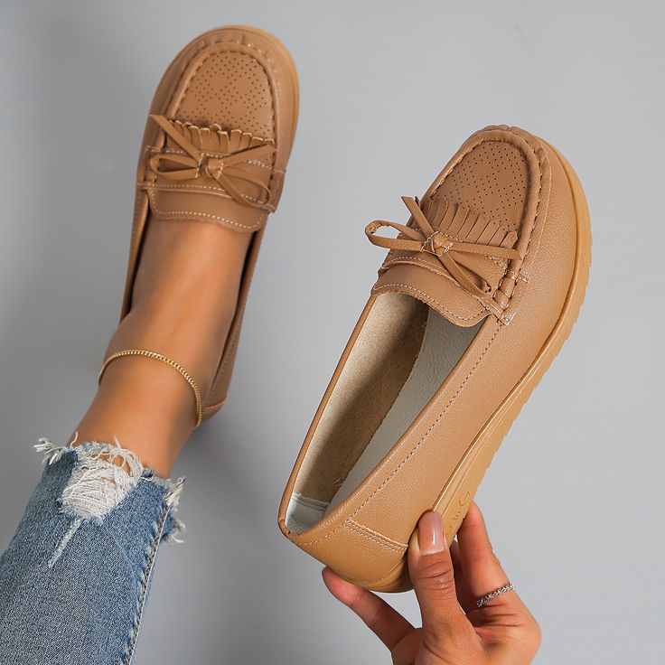 Color: Khaki, Size: 38 Professional Work Shoes, Female Packing List, Women's Flat Shoes, Tassel Shoes, Fashion Shoes Flats, Casual Flat Shoes, Shoes Heels Wedges, High Heel Boots Ankle, Leather Riding Boots