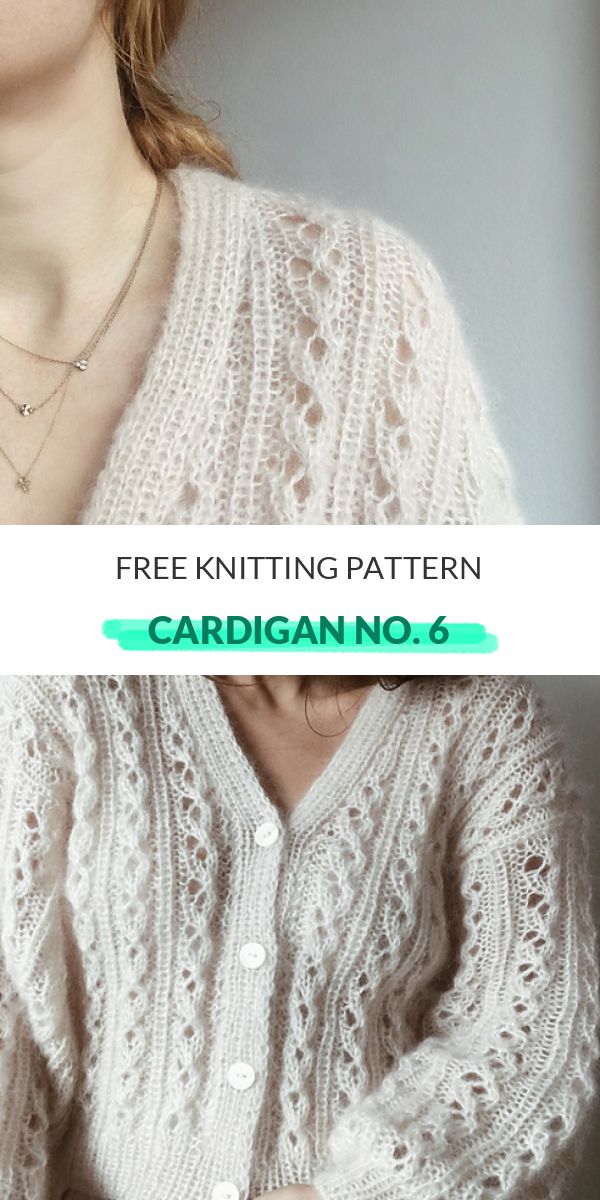 a woman wearing a white cardigan with the words free knitting pattern written below it