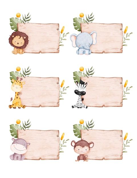 four wooden signs with animals on them and leaves around the edges that are blank for text