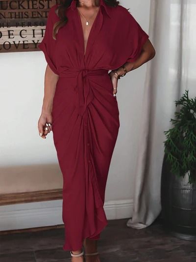 Twisted Elegance: Women's V-Neck Pleated Dress Spring Formal Ruched V-neck Dress, Elegant Formal V-neck Dress In Solid Color, Flowy V-neck Mini Dress For Formal Occasions, Elegant Pleated V-neck Maxi Dress, Elegant Flowy V-neck Dress, Dressy Pleated V-neck Midi Dress, Summer V-neck Mini Dress With Pleated Waist, Flowy V-neck Dress With Surplice Neckline For Date Night, Knee-length V-neck Dress For Date Night