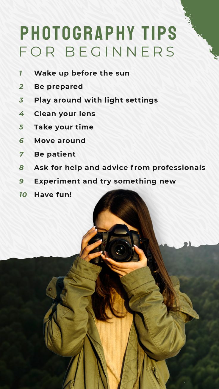 a woman holding a camera up to her face with the words photography tips for beginners