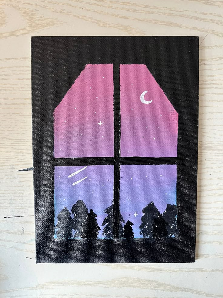 a painting of an open window with trees and the moon in the sky behind it