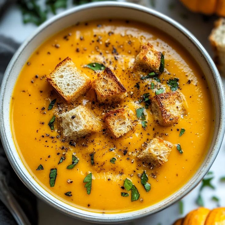 a bowl filled with soup and croutons on top of a table next to pumpkins