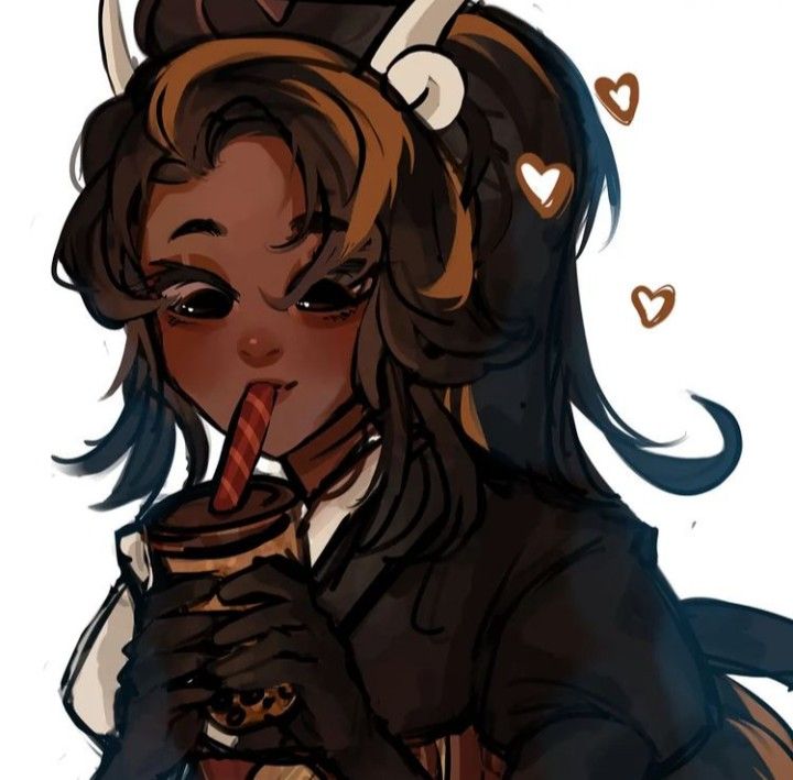 a drawing of a woman with horns on her head and holding a drink in her hand