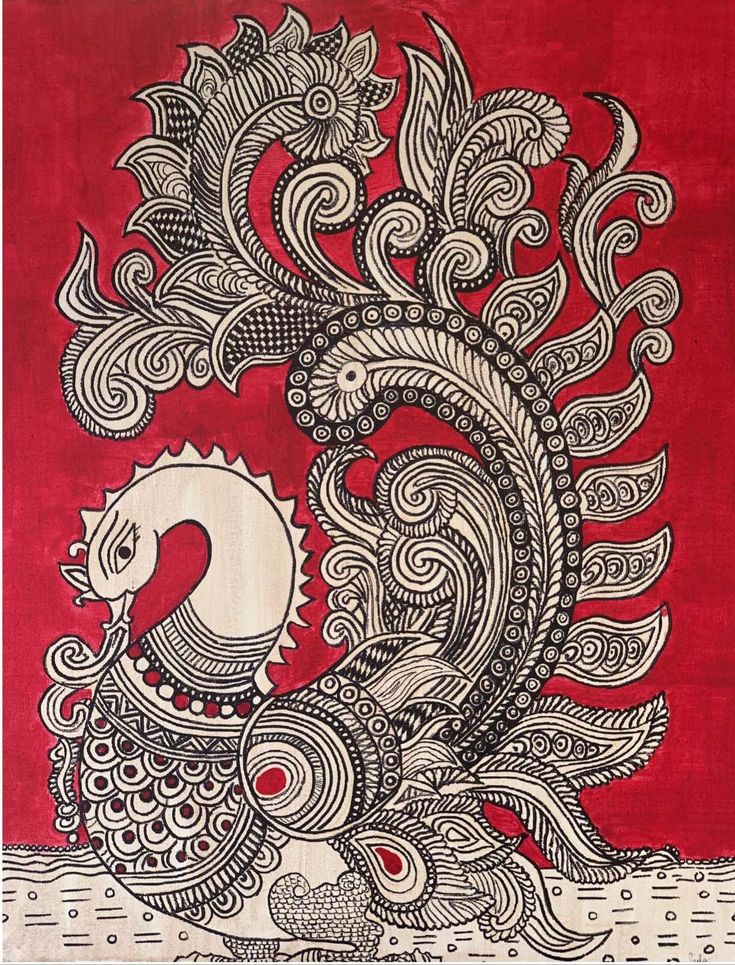 a red and white painting with an intricate design on it