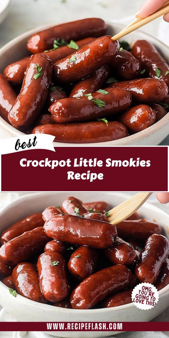 the recipe for crockpot little smokies is shown in two pictures, one with